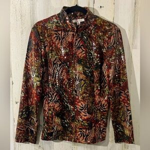 JM Collection Shiny Zippered Zip Up Top Sequins Print Vintage Size Medium